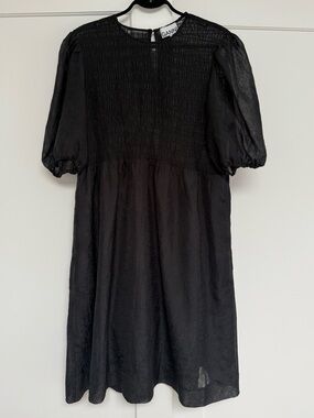 Ganni Black Puff-Sleeve Smocked Midi Dress